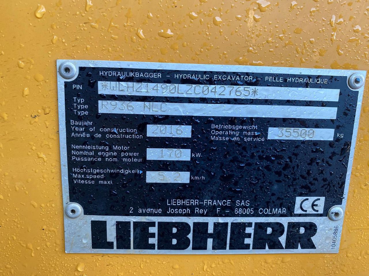 2016 Liebherr R936 NLC identification plate 2016 Liebherr R936 NLC identification plate