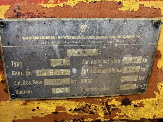 1979 Liebherr A 901 wheel excavator identification plate 1979 Liebherr A 901 wheel excavator identification plate
