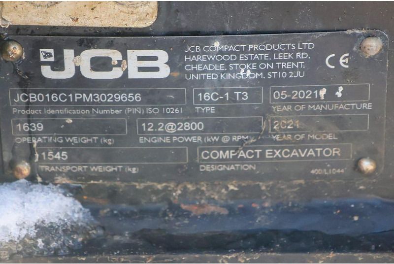 2021 JCB 16C-1 mini excavator identification plate 2021 JCB 16C-1 mini excavator identification plate