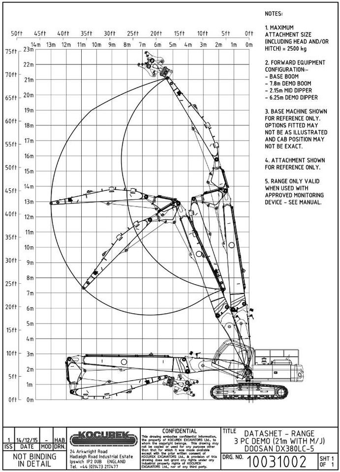 2015 Doosan DX380LC-5 crawler excavator technical range diagram