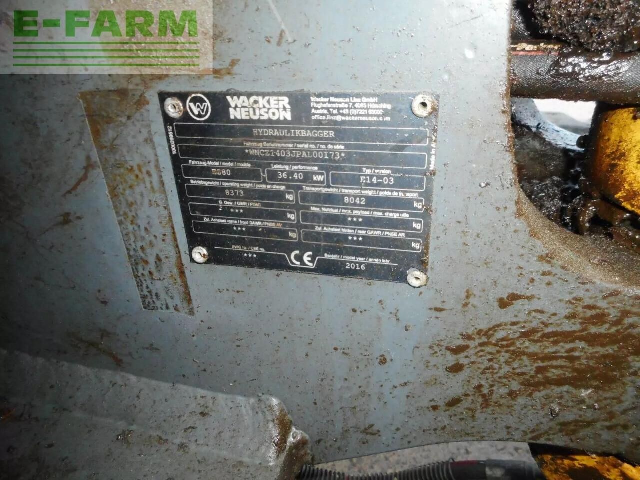 2016 Wacker Neuson EC 80 mini excavator identification plate 2016 Wacker Neuson EC 80 mini excavator identification plate