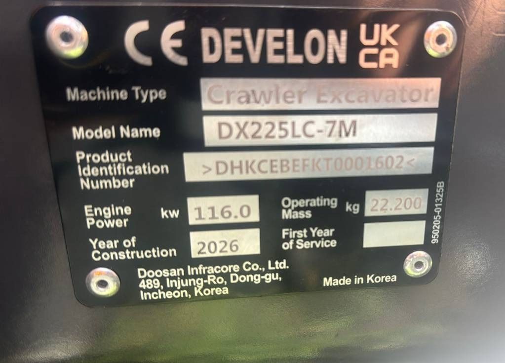 2026 Doosan DX225LC-7M crawler excavator identification plate 2026 Doosan DX225LC-7M crawler excavator identification plate