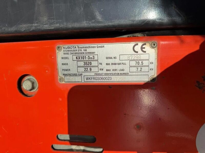 2016 Kubota KX101-3&3 mini excavator identification plate