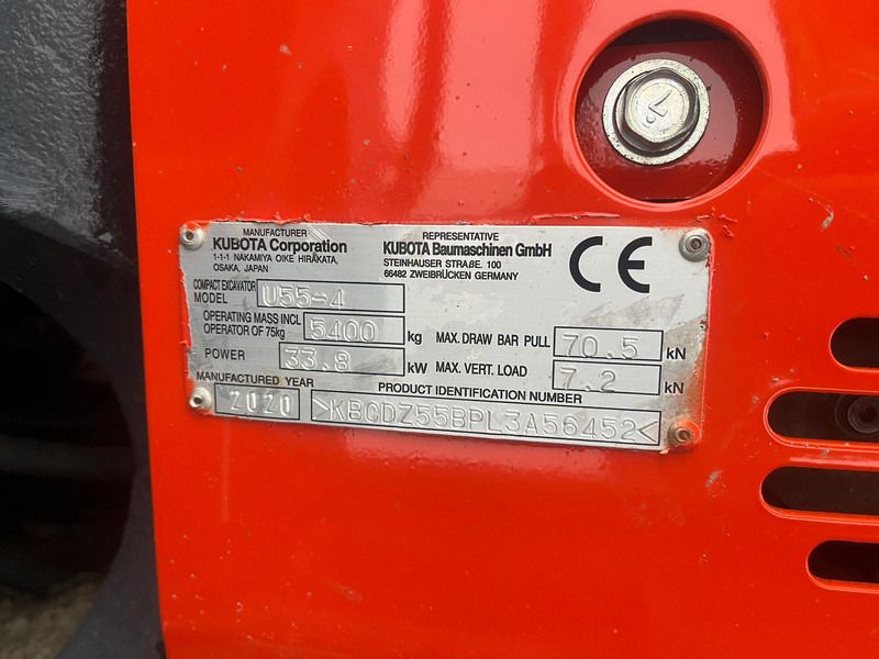 2020 Kubota U55-4 mini excavator manufacturer identification plate 2020 Kubota U55-4 mini excavator manufacturer identification plate