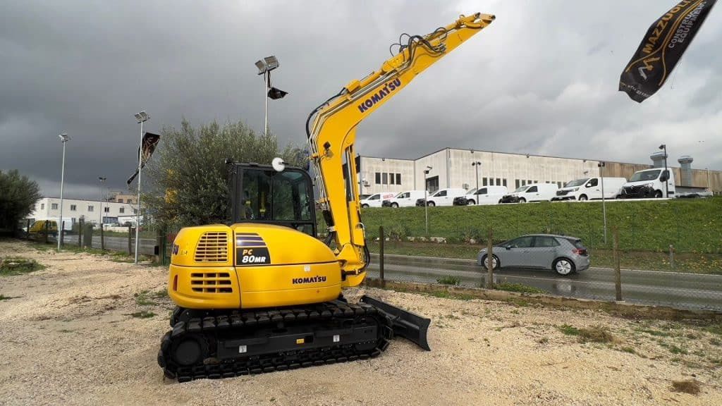 2022 Komatsu PC80MR-5 mini excavator, rear three-quarter view