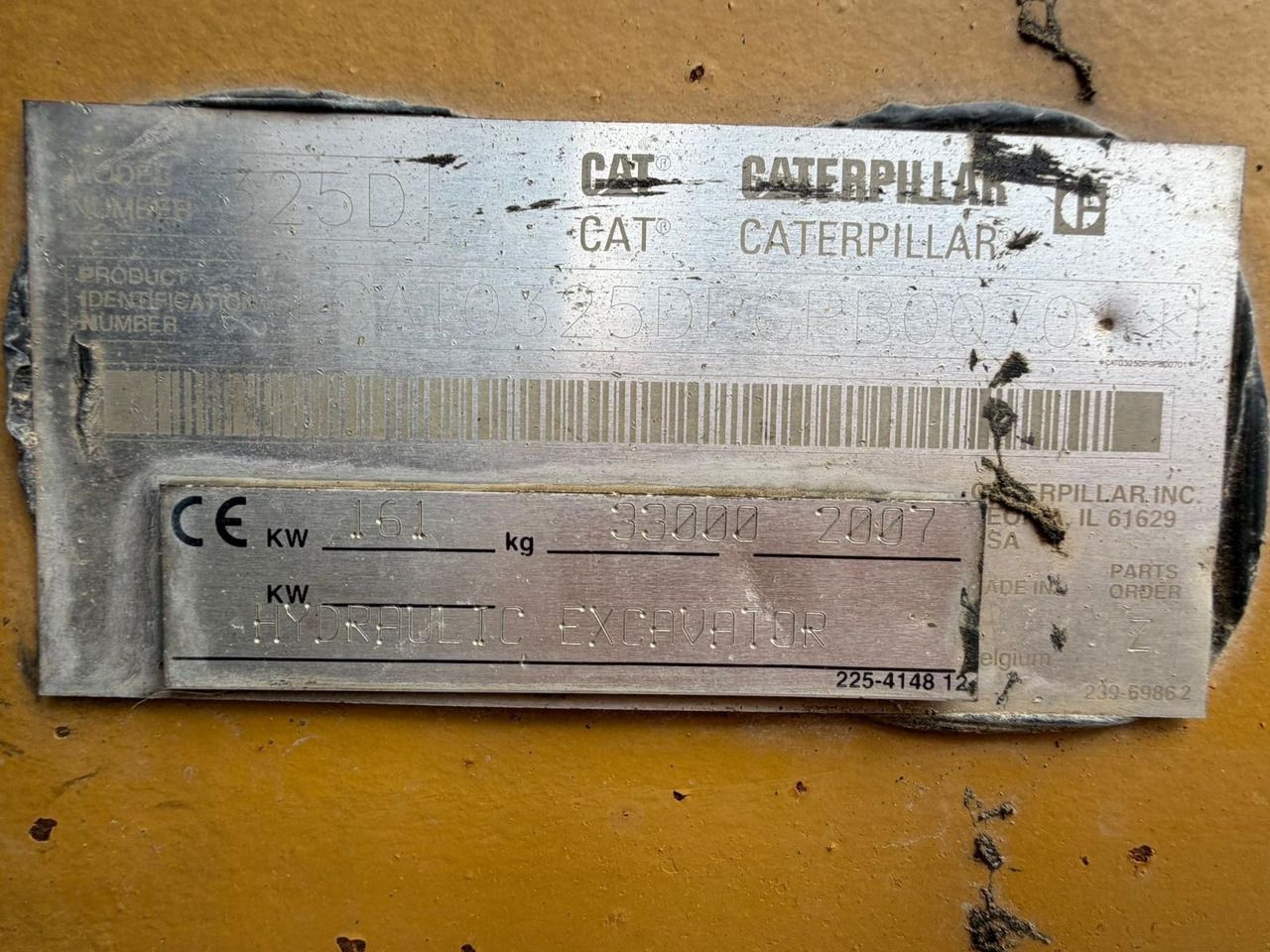2007 Caterpillar 325DL crawler excavator identification plate 2007 Caterpillar 325DL crawler excavator identification plate