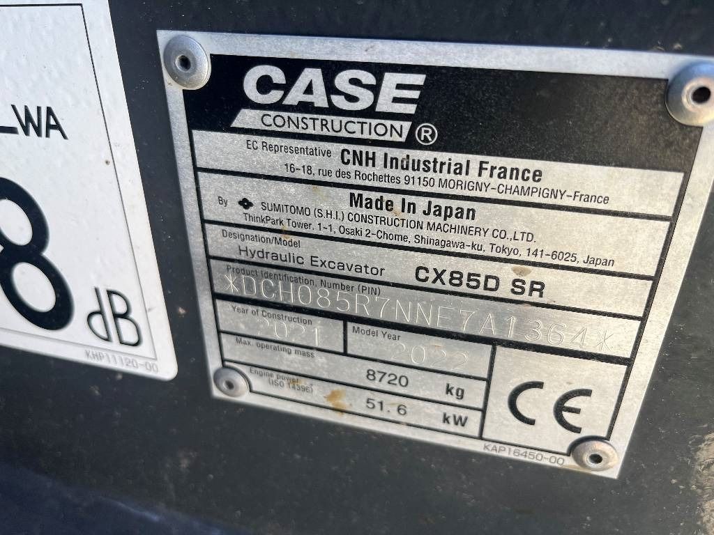 2022 CASE CX85D SR mini excavator identification plate 2022 CASE CX85D SR mini excavator identification plate