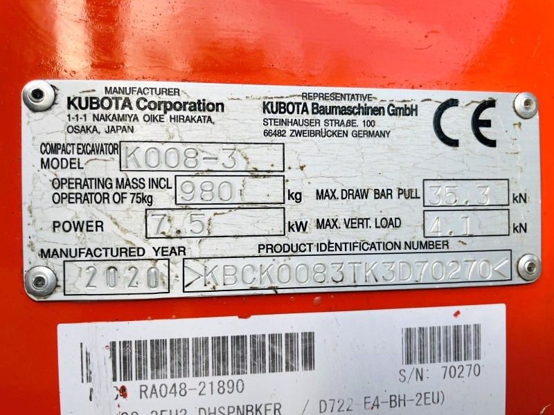 2020 Kubota K008-3 mini excavator identification plate 2020 Kubota K008-3 mini excavator identification plate