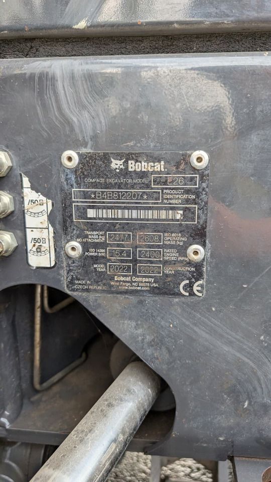 2022 Bobcat E26 mini excavator identification plate 2022 Bobcat E26 mini excavator identification plate