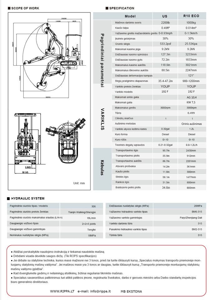2026 Rippa R10-6 ECO mini excavator technical specification sheet