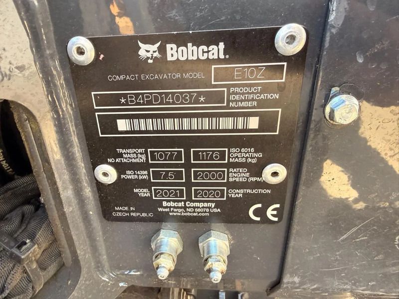 2020 Bobcat E10Z mini excavator identification plate 2020 Bobcat E10Z mini excavator identification plate