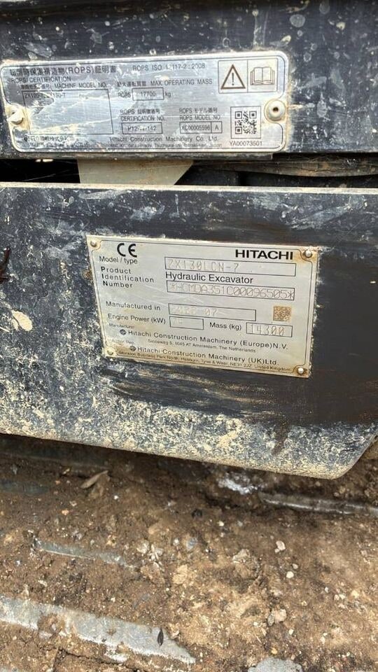 2015 Hitachi ZX130 LC N-7 excavator identification plate 2015 Hitachi ZX130 LC N-7 excavator identification plate