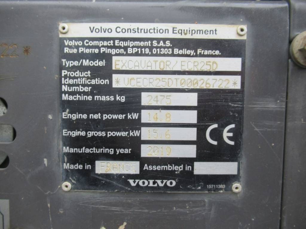 2019 Volvo ECR25D mini excavator identification plate 2019 Volvo ECR25D mini excavator identification plate