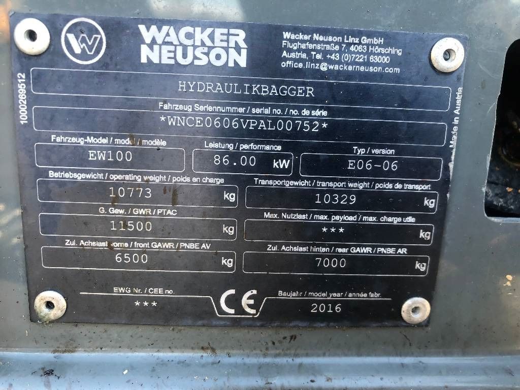 2016 Wacker Neuson EW100 identification plate 2016 Wacker Neuson EW100 identification plate