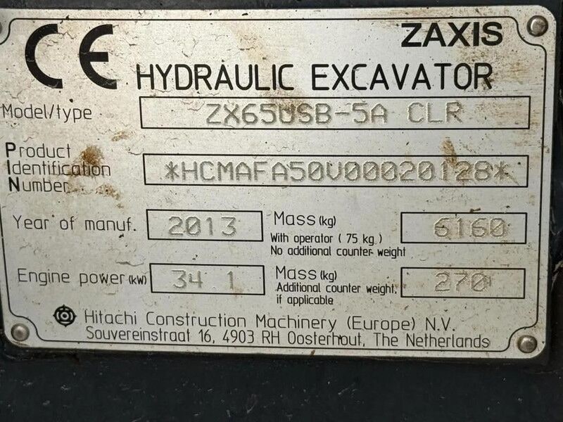 2013 Hitachi ZX65USB-5A CLR mini excavator identification plate