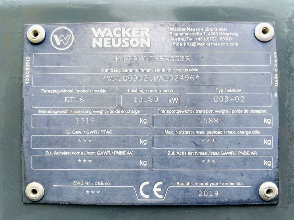 2019 Wacker Neuson ET16 mini excavator identification plate 2019 Wacker Neuson ET16 mini excavator identification plate