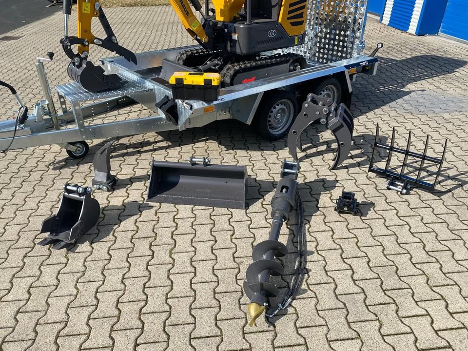 Berger Kraus BK1250JSR mini excavator on trailer with attachments Berger Kraus BK1250JSR mini excavator on trailer with attachments