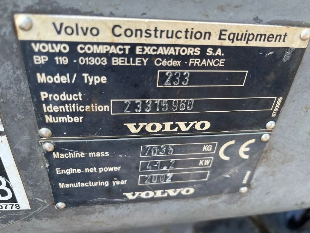 2002 Volvo EC 70 mini excavator identification plate 2002 Volvo EC 70 mini excavator identification plate