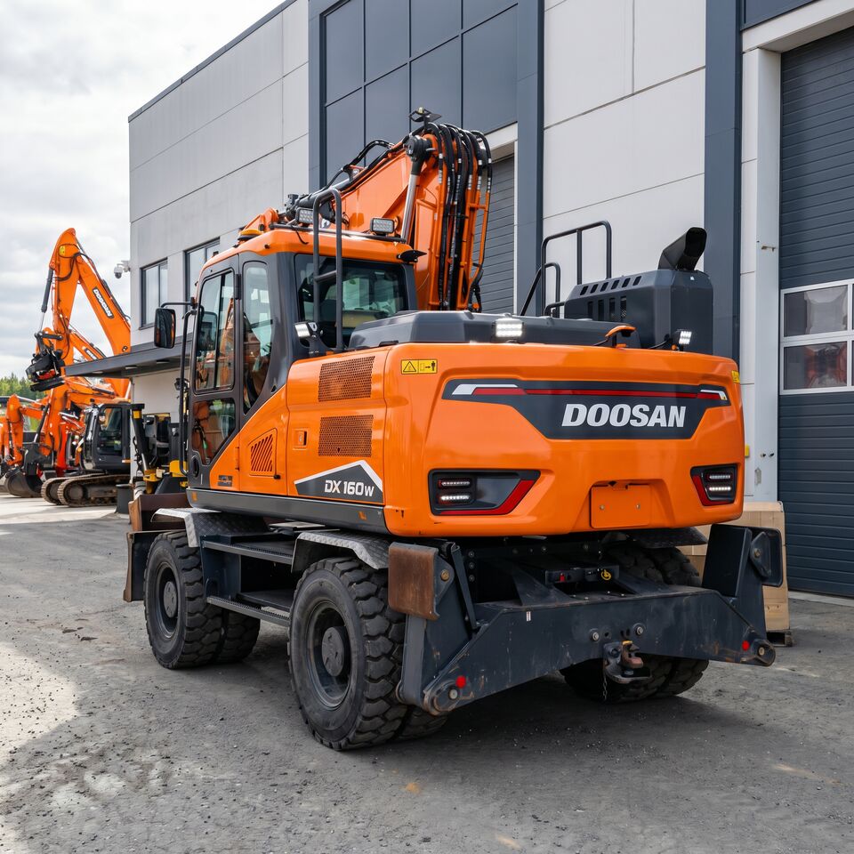2022 Doosan DX160W-7 wheel excavator, rear three-quarter view