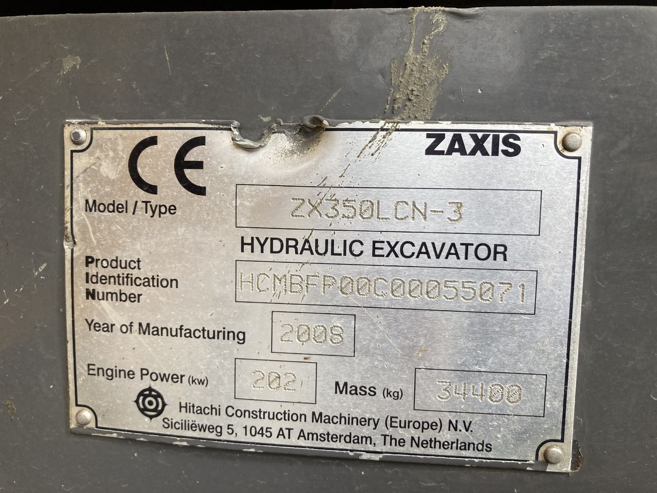 2008 Hitachi ZX350LCN-3 crawler excavator identification plate 2008 Hitachi ZX350LCN-3 crawler excavator identification plate