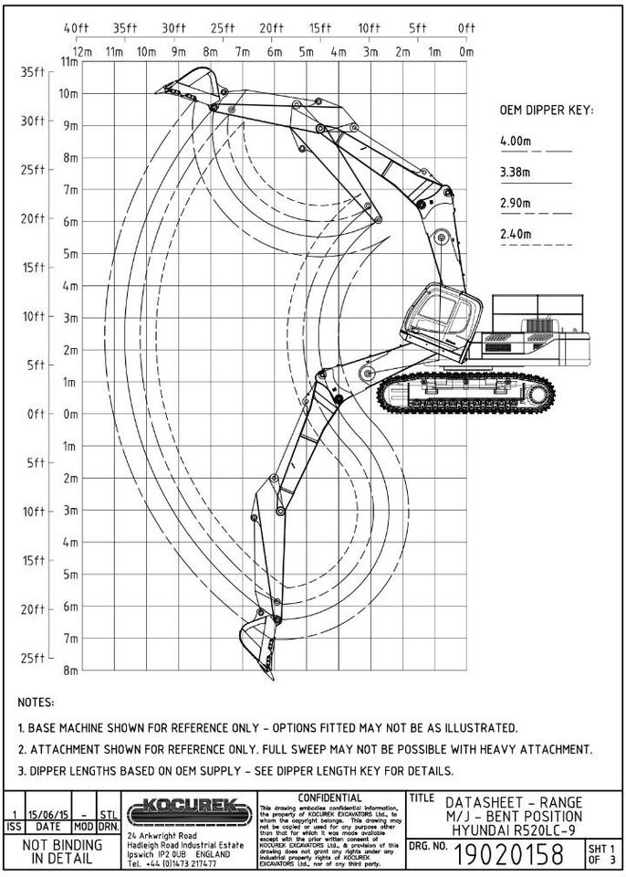 2016 Hyundai R520LC-9A crawler excavator technical range diagram