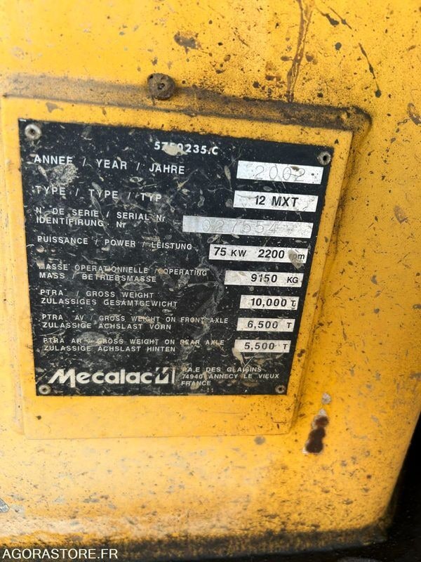 2002 Mecalac 12MXT wheel excavator identification plate 2002 Mecalac 12MXT wheel excavator identification plate