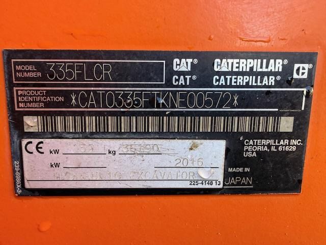 2016 Caterpillar 335FLCR crawler excavator identification plate 2016 Caterpillar 335FLCR crawler excavator identification plate