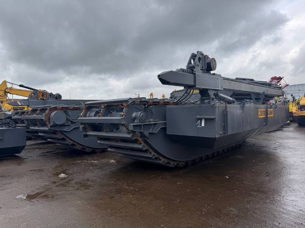 2026 Caterpillar 330 amphibious excavator pontoon undercarriage, side view 2026 Caterpillar 330 amphibious excavator pontoon undercarriage, side view
