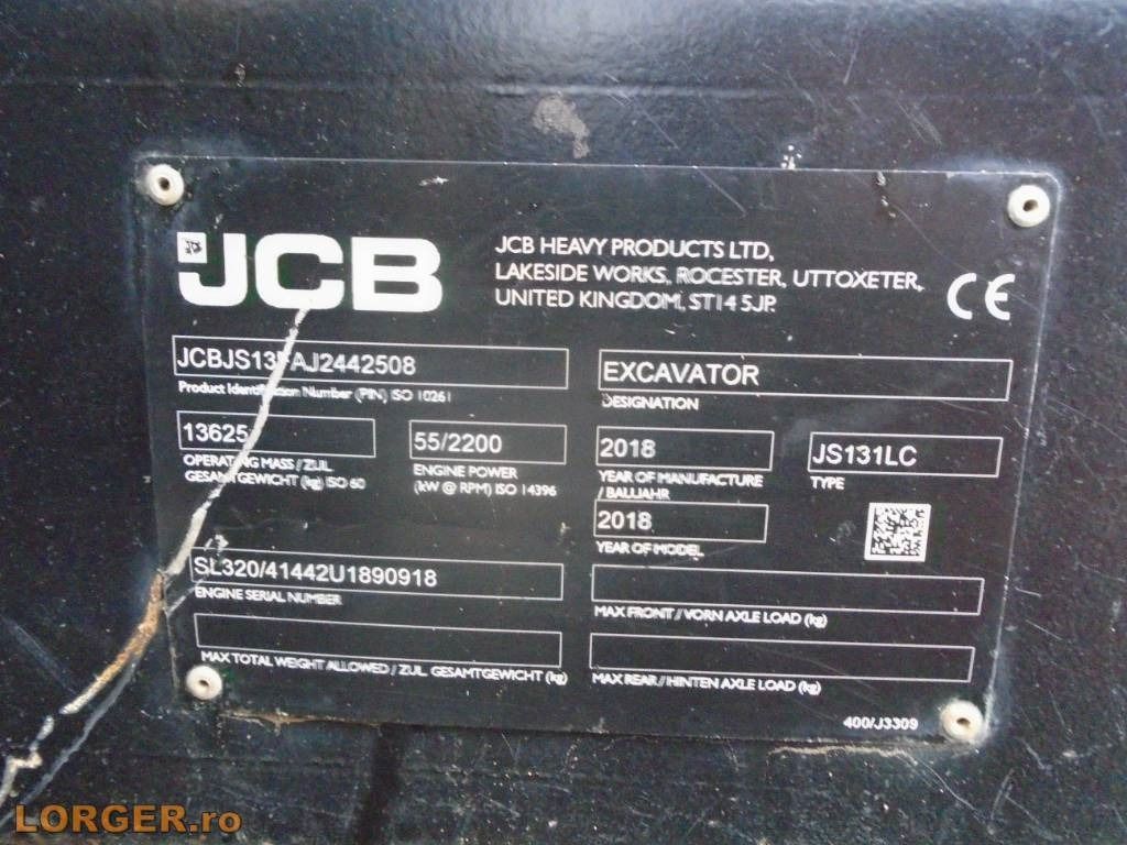 2018 JCB JS131LC crawler excavator identification plate 2018 JCB JS131LC crawler excavator identification plate