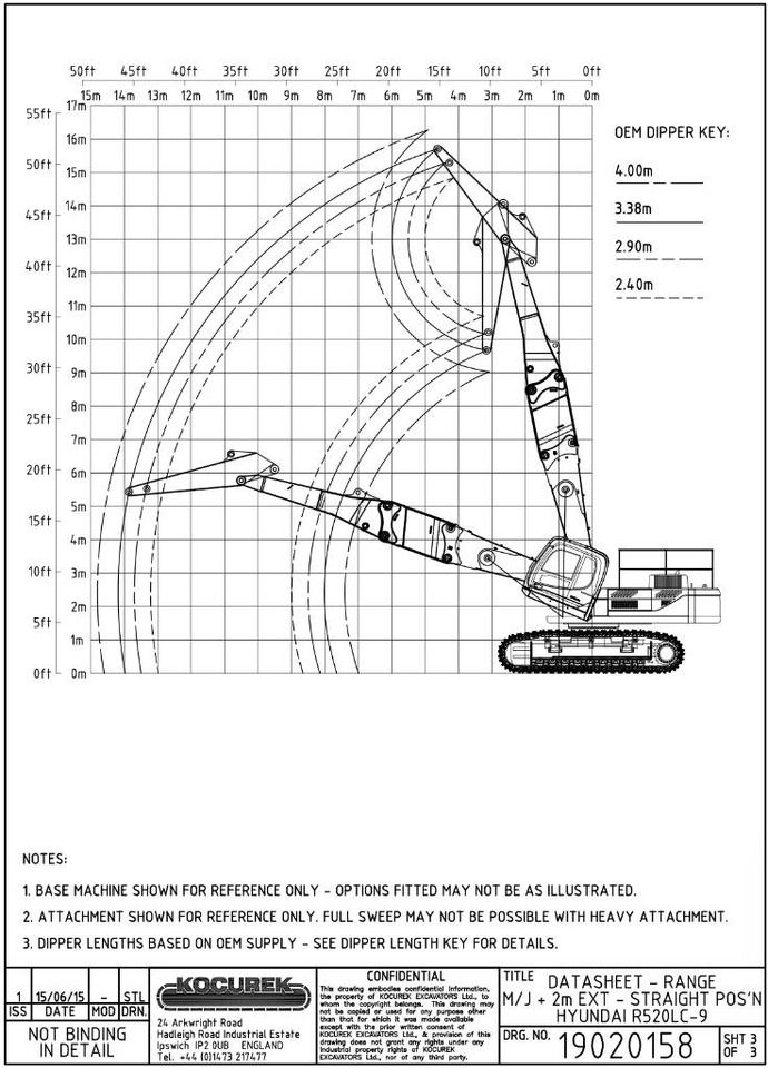 2016 Hyundai R520LC-9A crawler excavator technical range diagram