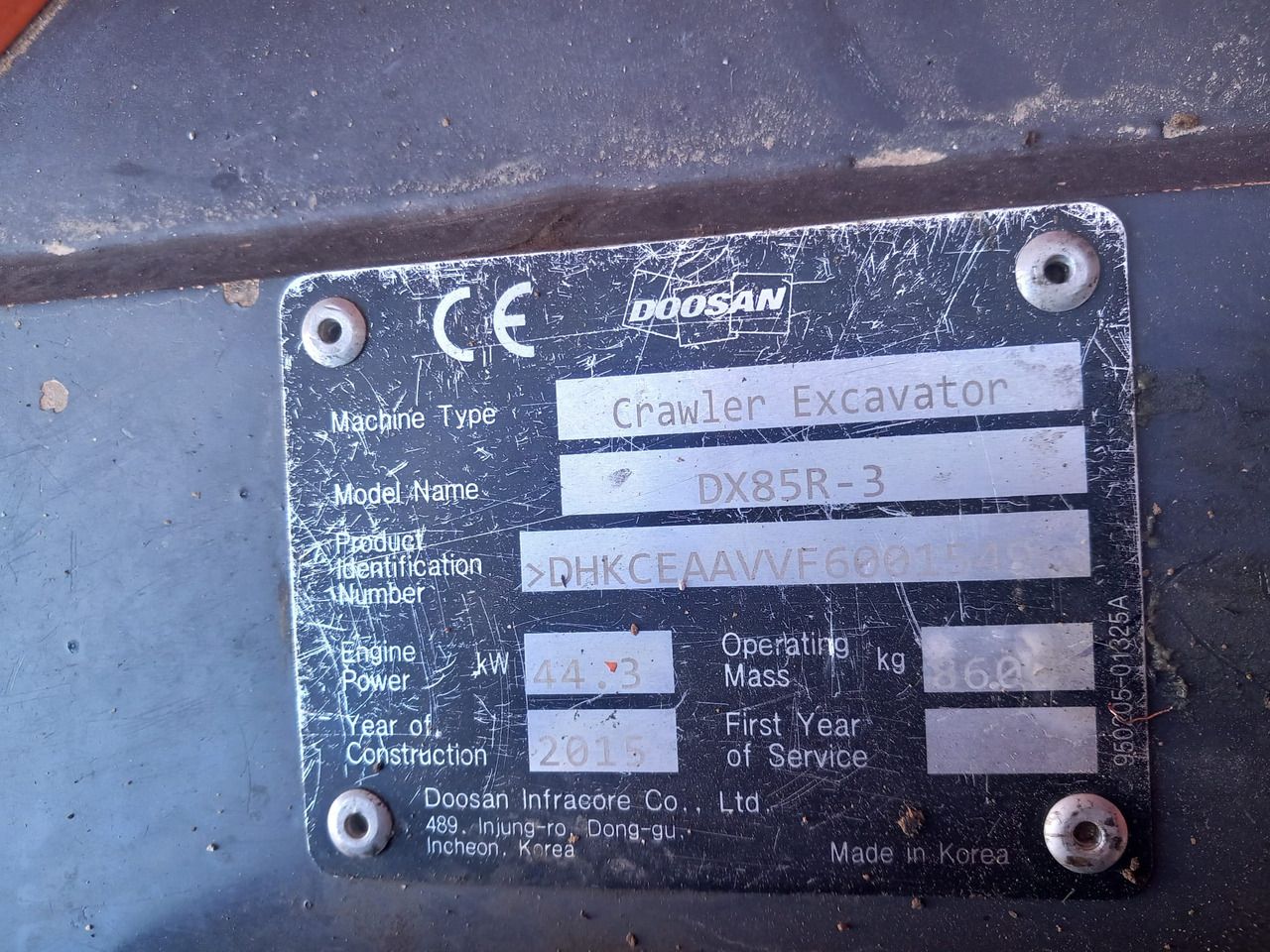 2016 Doosan DX85R-3 mini excavator identification plate 2016 Doosan DX85R-3 mini excavator identification plate