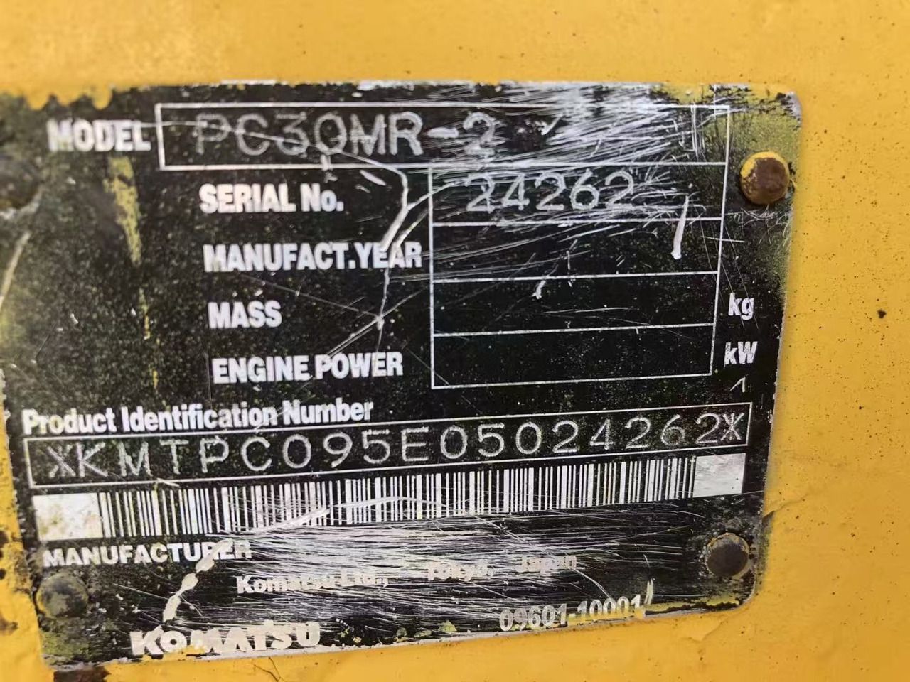 2024 Komatsu PC30MR-2 serial number plate