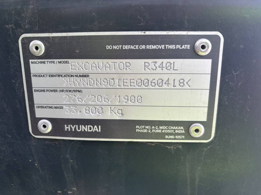 2025 Hyundai R340L crawler excavator identification plate 2025 Hyundai R340L crawler excavator identification plate