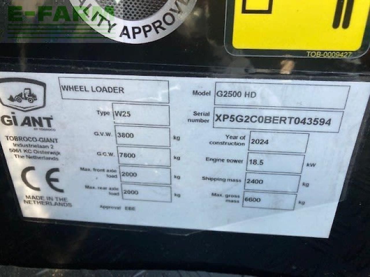 2023 Giant G2500 HD identification plate 2023 Giant G2500 HD identification plate