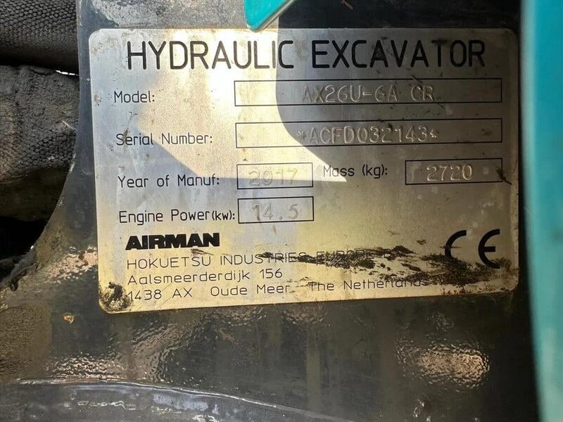 2017 Airman AX26U-6A CR mini excavator identification plate