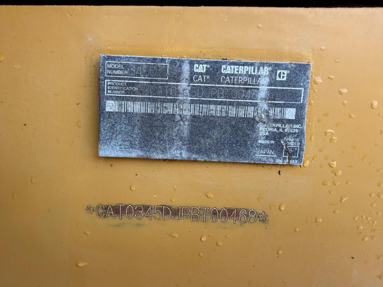 2011 Caterpillar 345D crawler excavator identification plate 2011 Caterpillar 345D crawler excavator identification plate
