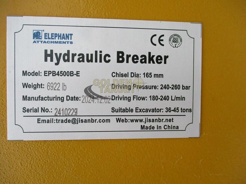 Elephant EPB4500B-E Hydraulic Breaker 2024 identification plate Elephant EPB4500B-E Hydraulic Breaker 2024 identification plate