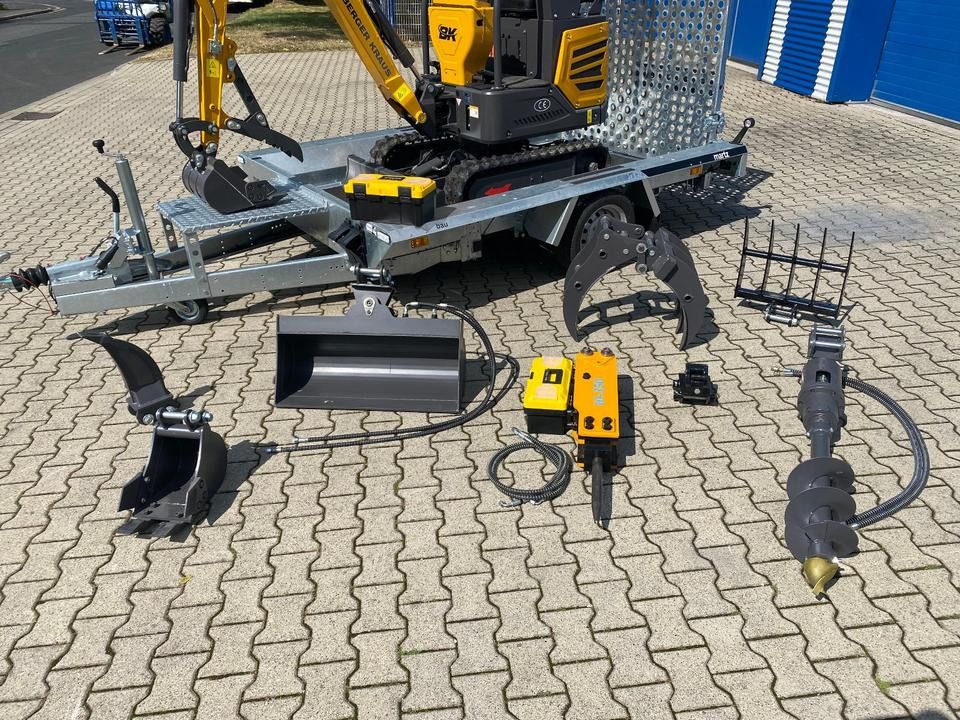 Berger Kraus BK1250JSR mini excavator with trailer and attachments Berger Kraus BK1250JSR mini excavator with trailer and attachments