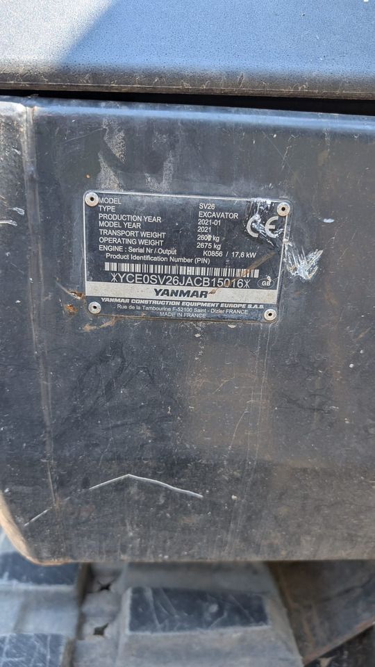 2021 Yanmar SV26 mini excavator identification plate