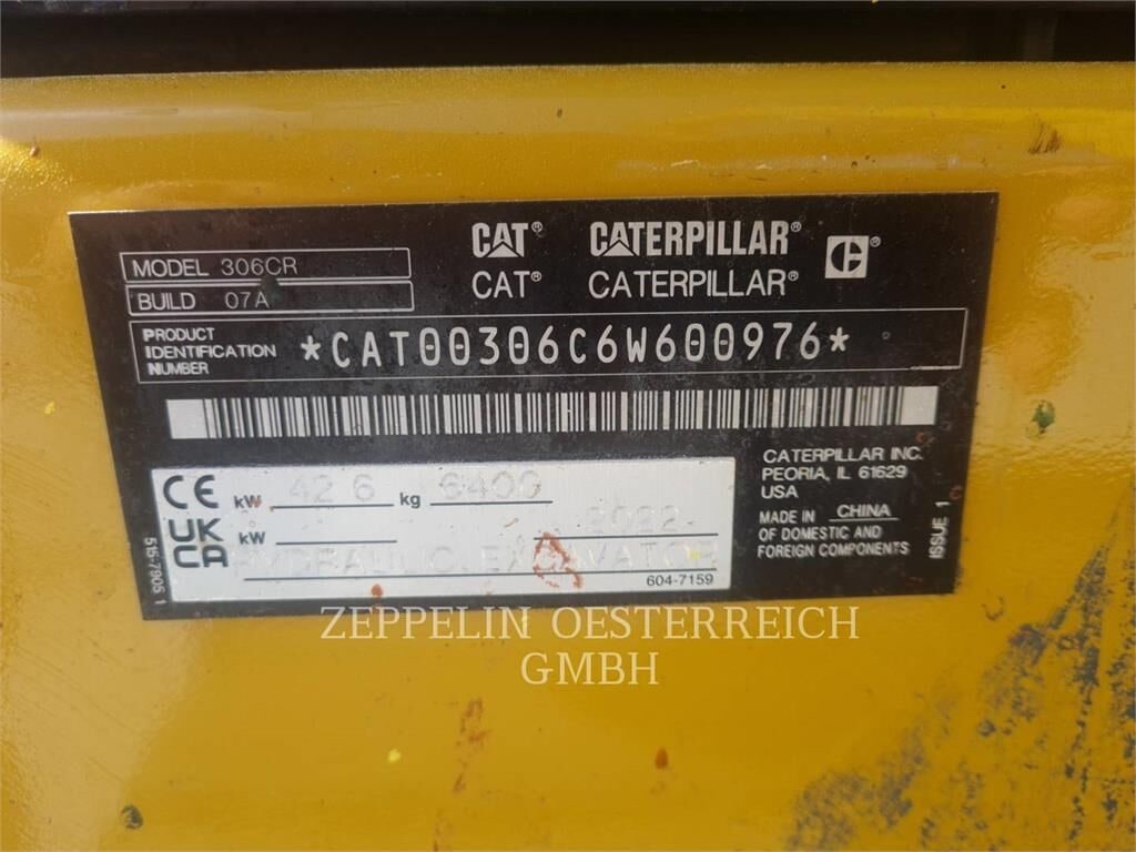 2022 Caterpillar 306CR excavator identification plate