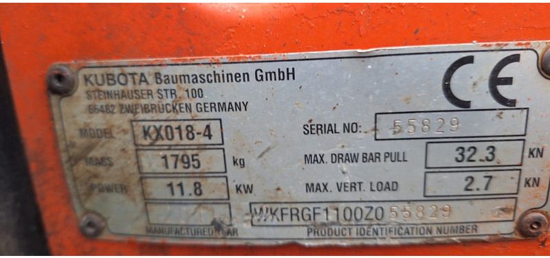 2014 Kubota KX018-4 mini excavator identification plate 2014 Kubota KX018-4 mini excavator identification plate