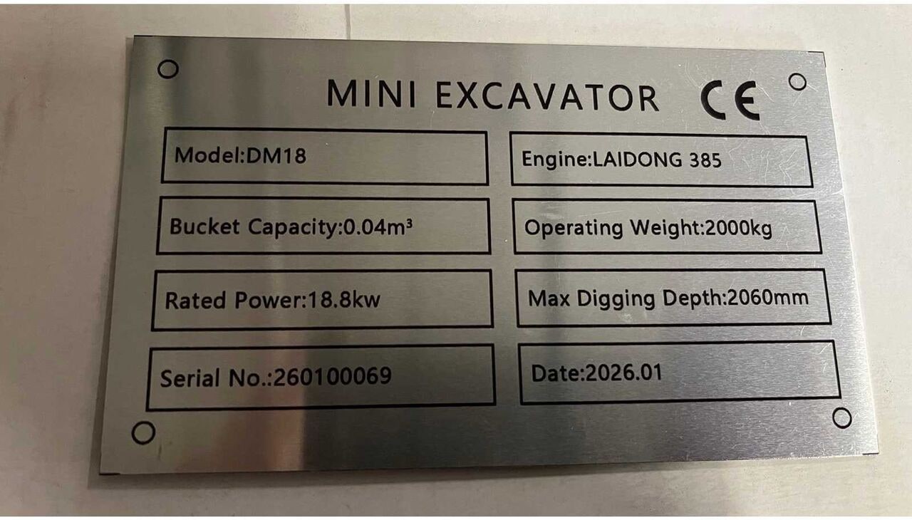 2026 DMPRO DM18Y mini excavator identification plate 2026 DMPRO DM18Y mini excavator identification plate