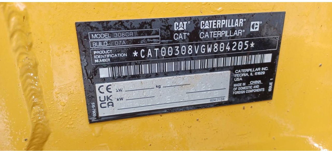 2023 Caterpillar 308CR crawler excavator identification plate 2023 Caterpillar 308CR crawler excavator identification plate