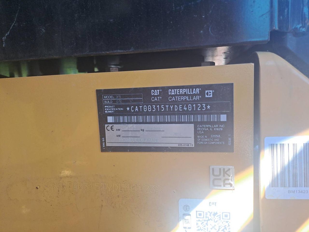 2024 Caterpillar 315 crawler excavator identification plate