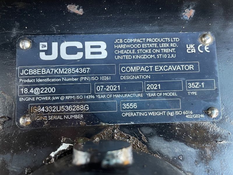 2021 JCB 35Z-1 mini excavator manufacturer identification plate 2021 JCB 35Z-1 mini excavator manufacturer identification plate