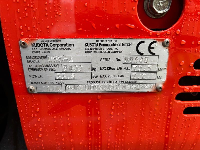 2019 Kubota U55-4 mini excavator identification plate 2019 Kubota U55-4 mini excavator identification plate