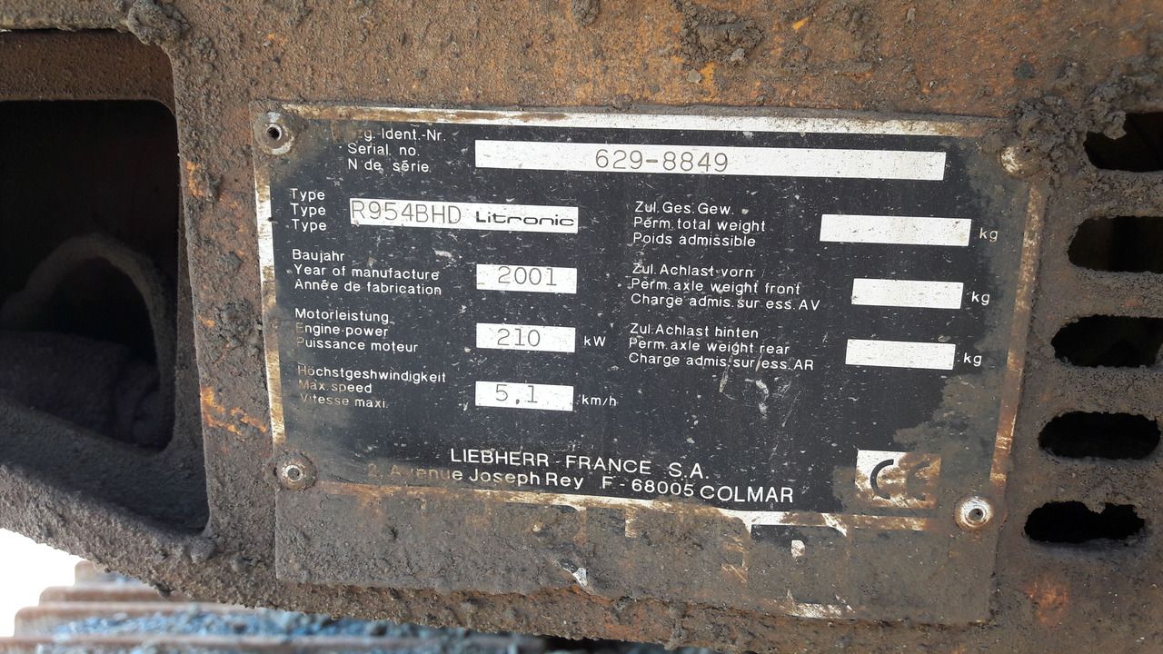 2001 Liebherr R954 B crawler excavator identification plate 2001 Liebherr R954 B crawler excavator identification plate