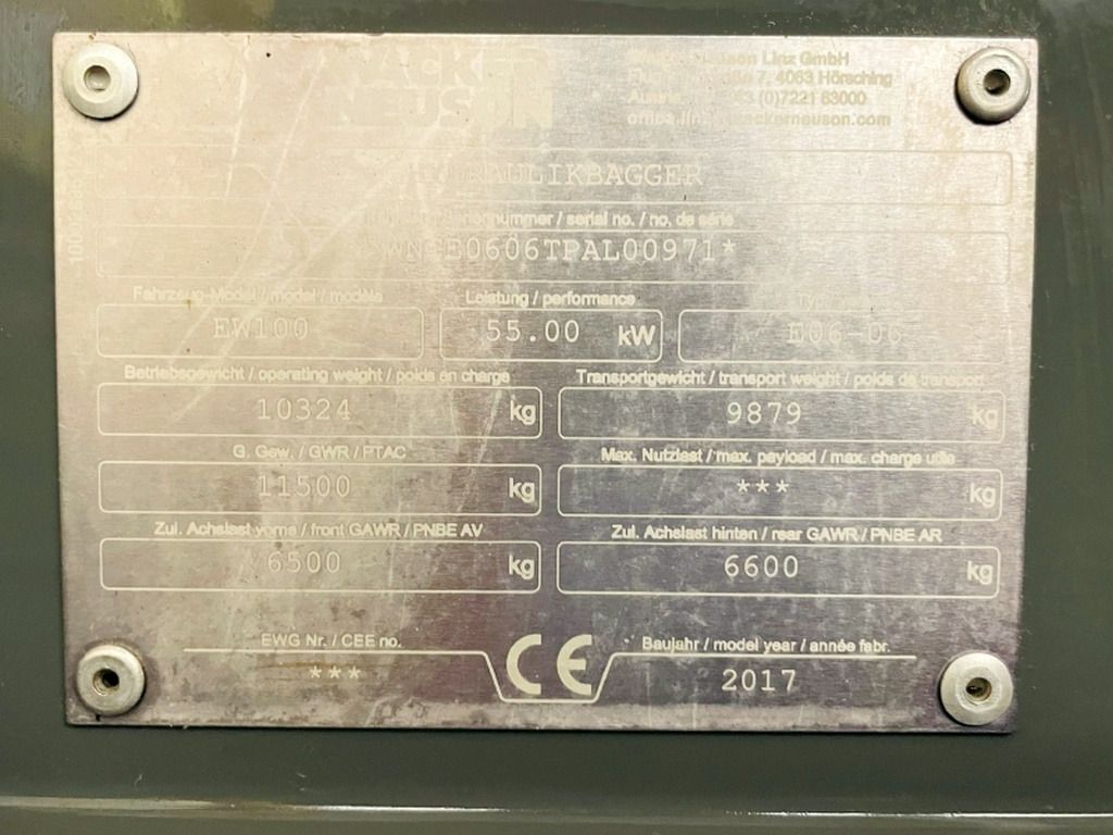 2017 Wacker Neuson EW100 wheel excavator identification plate