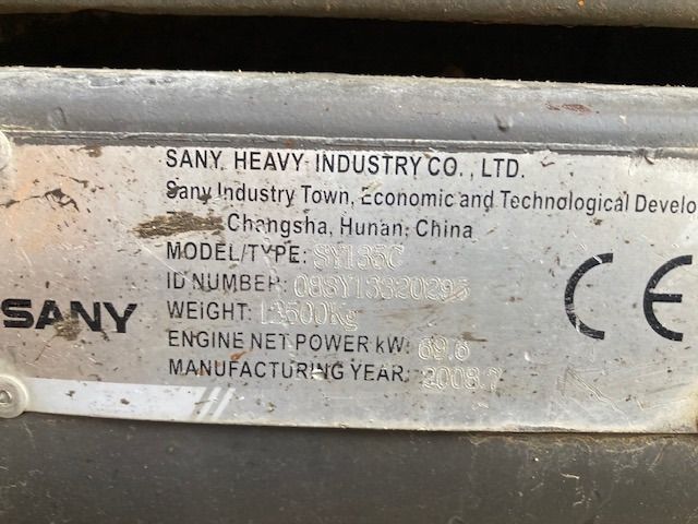 2008 Sany SY135C crawler excavator identification plate