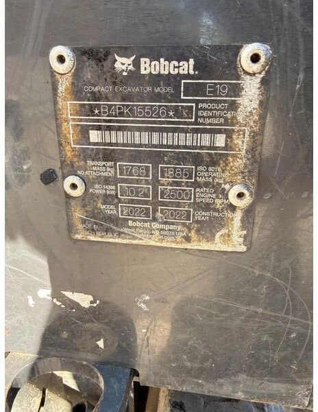 2022 Bobcat E19 mini excavator identification plate